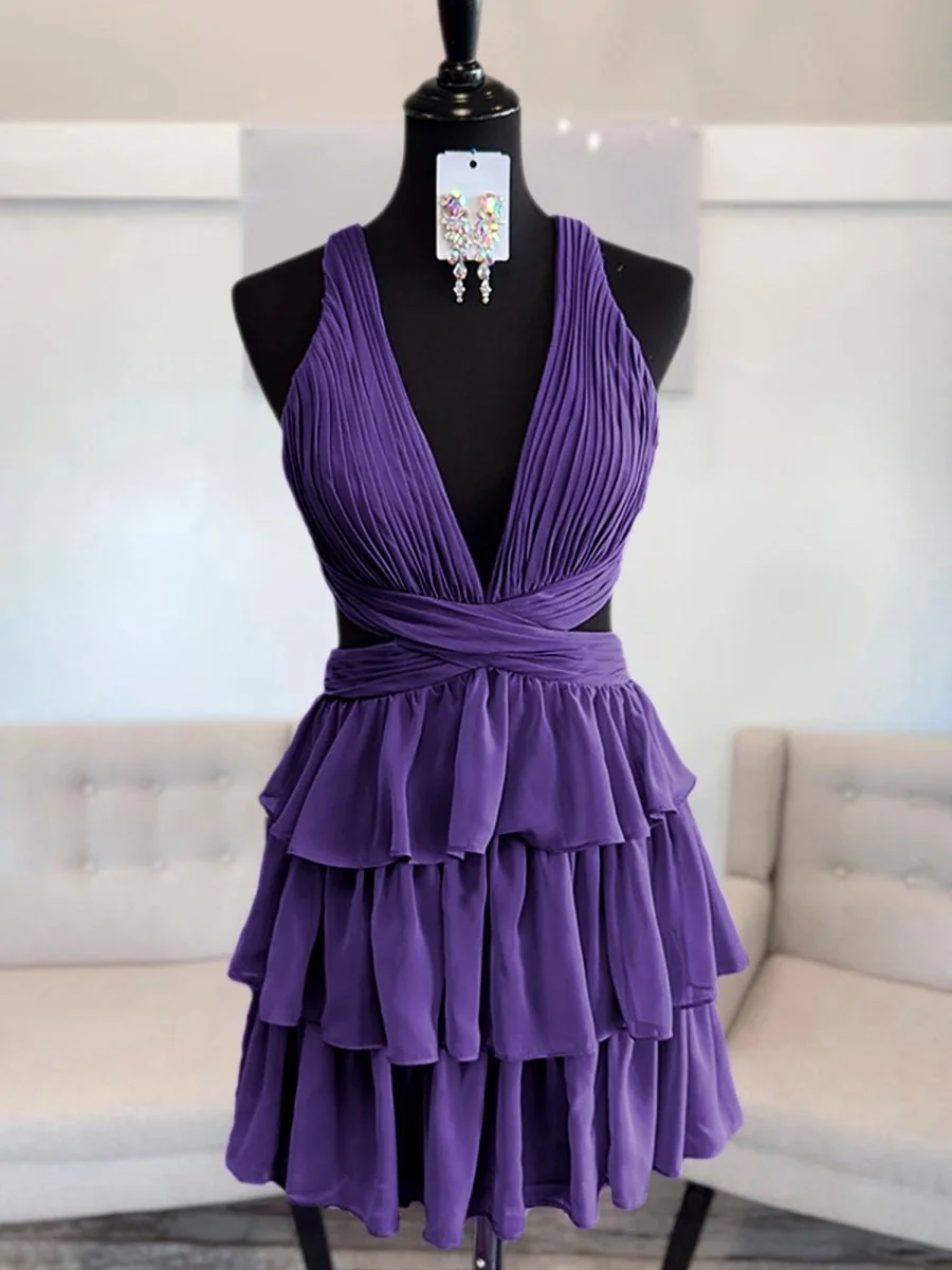 Purple Chiffon A-Line Tiered Homecoming Dress with V Neck Cut-Out