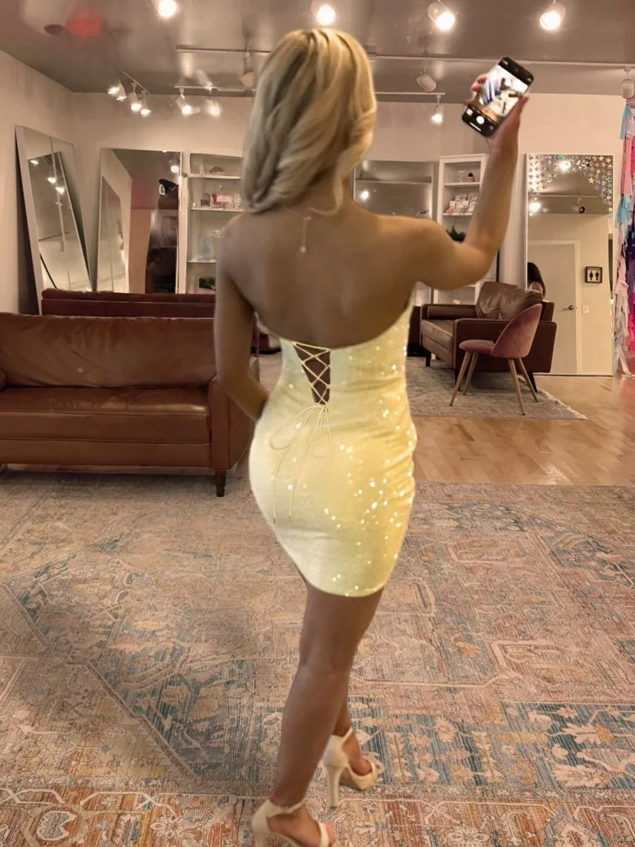 Yellow Satin Sweetheart Bodycon Mini Dress with Beadings