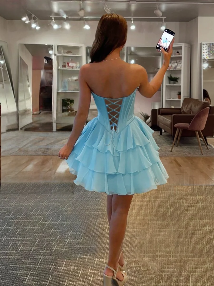 Sky Blue A-Line Sweetheart Corset Ruffle Homecoming Dress