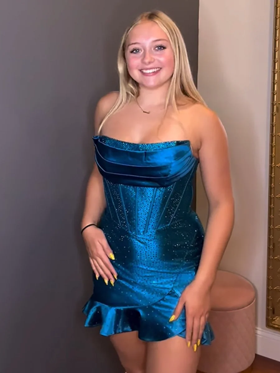 Royal Blue Strapless Satin Bodycon Homecoming Dress with Beading