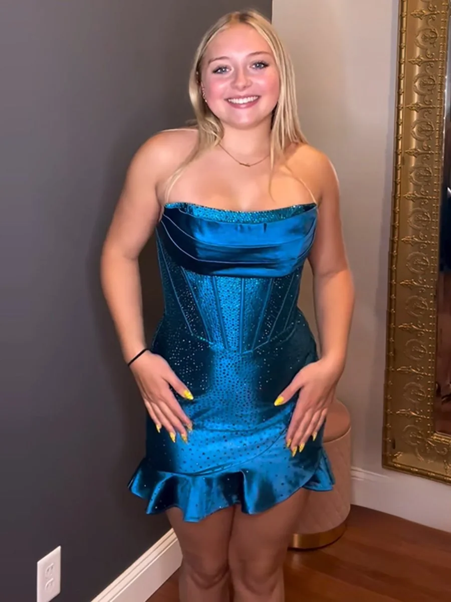 Royal Blue Strapless Satin Bodycon Homecoming Dress with Beading