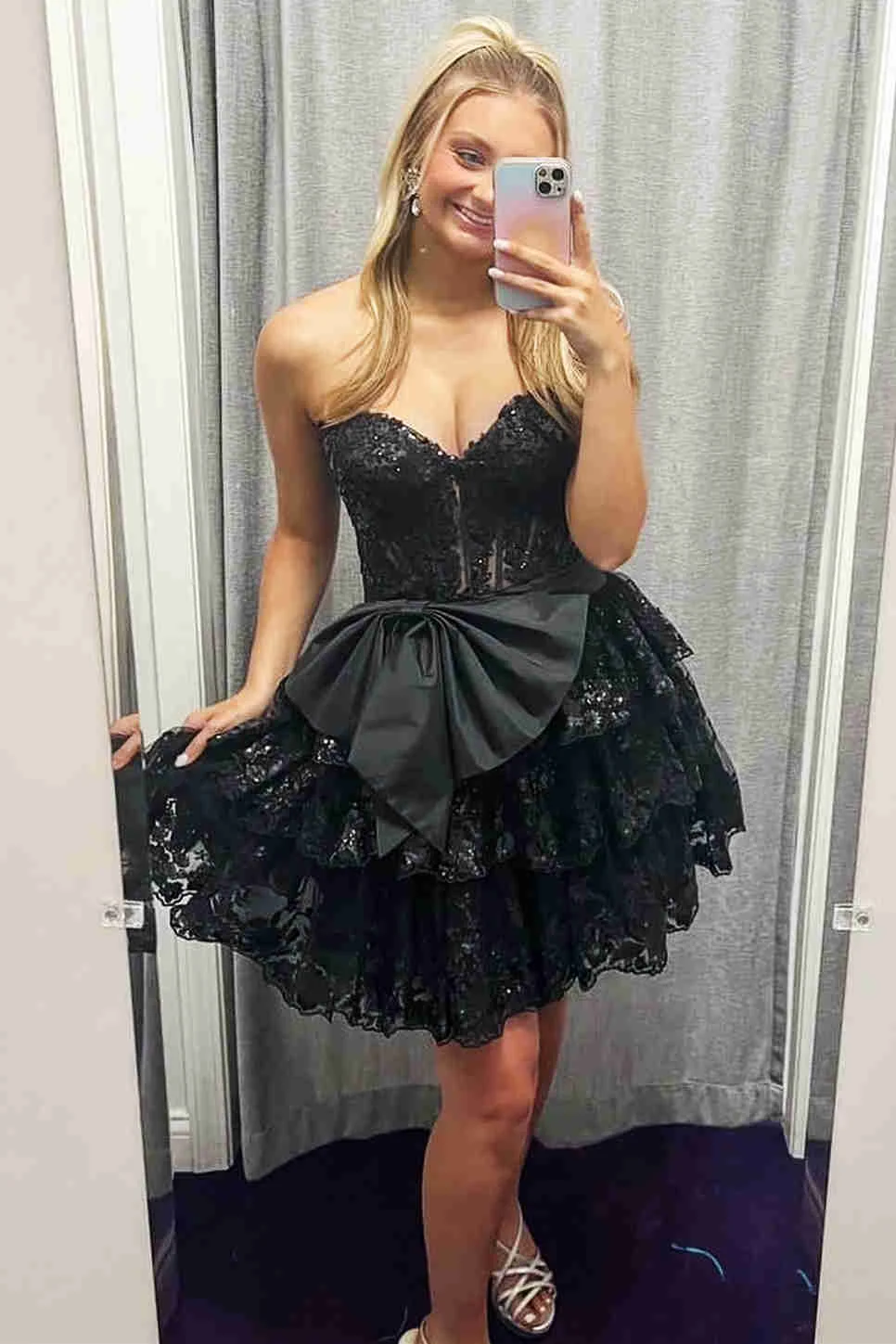 Sequin Applique Short Black Party Dress with Bow Detail