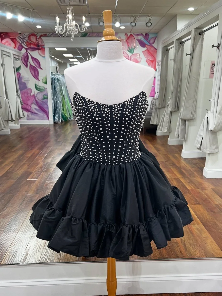 Strapless A Line Satin Ruffles Black Homecoming Dress