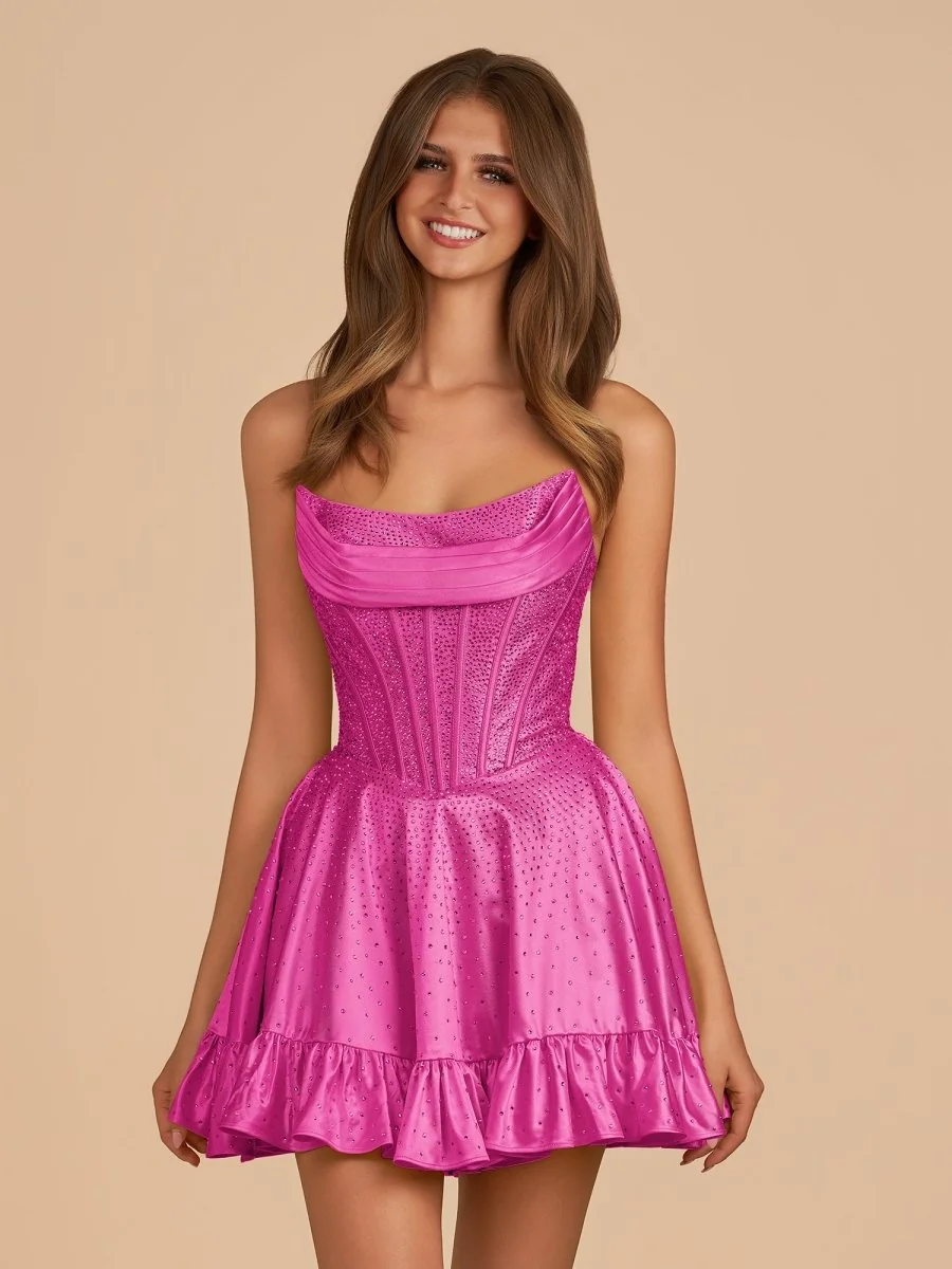 A-Line Satin Corset Ruffled Homecoming Dress with Beadings