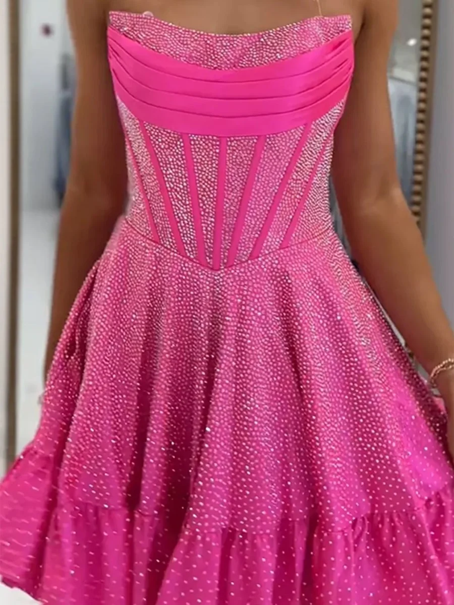 A-Line Satin Corset Ruffled Homecoming Dress with Beadings