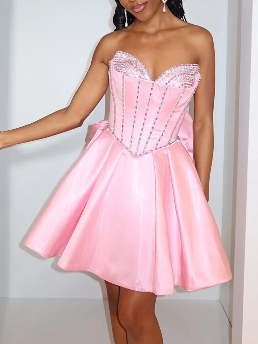 Pink Satin A-Line Homecoming Dress with Beading and Bow