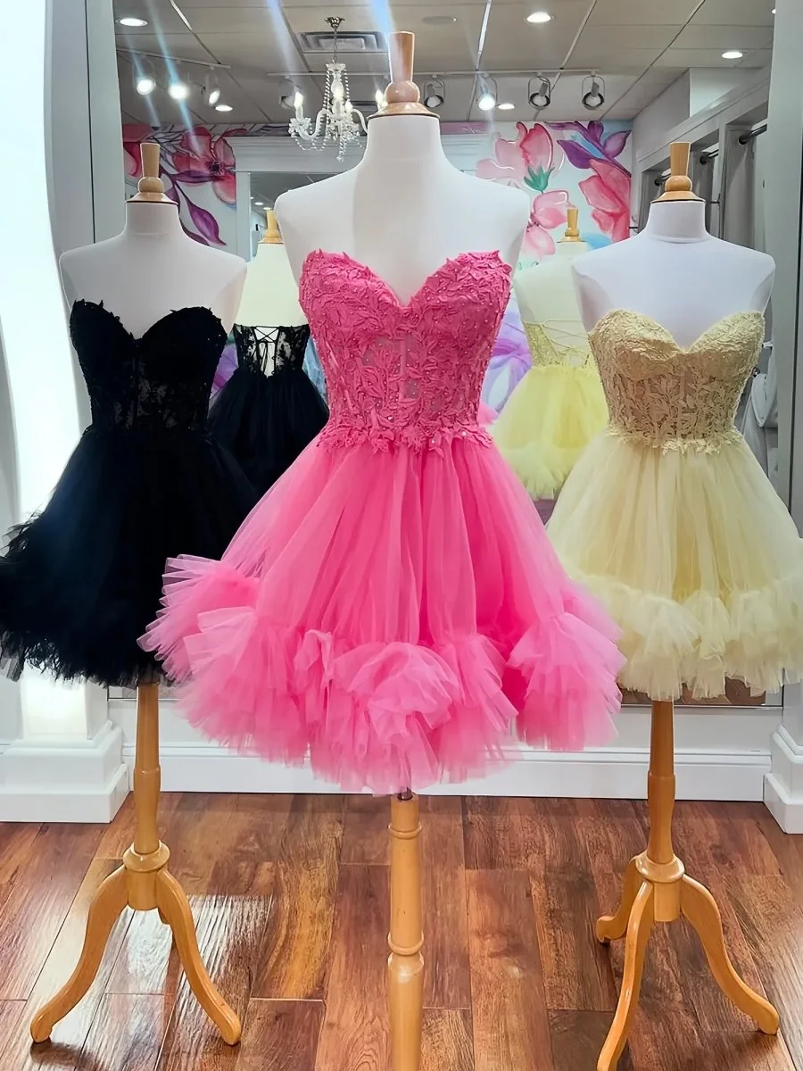 Hot-Pink A-Line Sweetheart Ruffle Tulle Homecoming Dress with Appliques