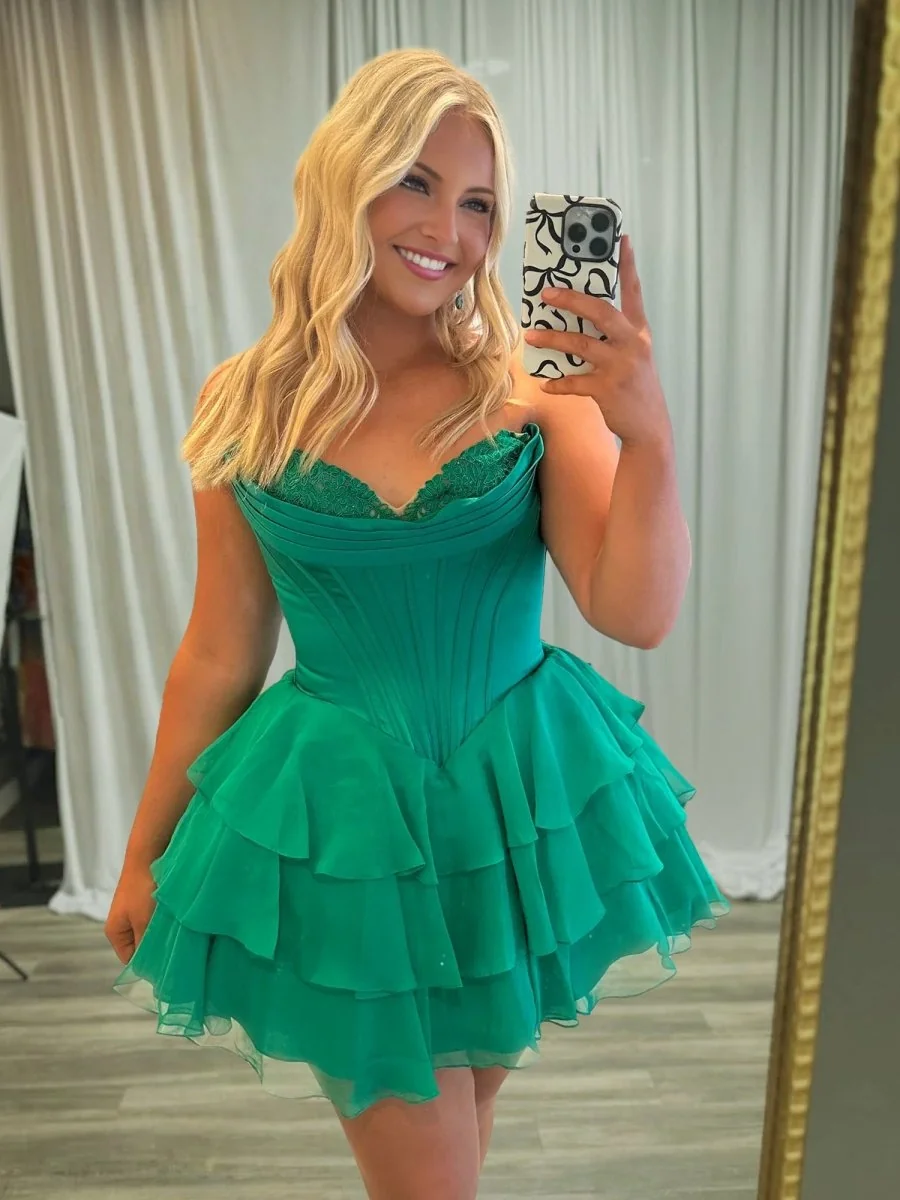 Emerald A-Line Sweetheart Corset Ruffle Homecoming Dress - Chiffon