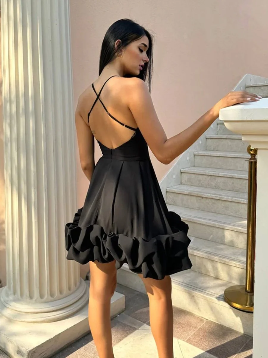 Black Satin Short A-Line Scoop Neck Ruffles Dress