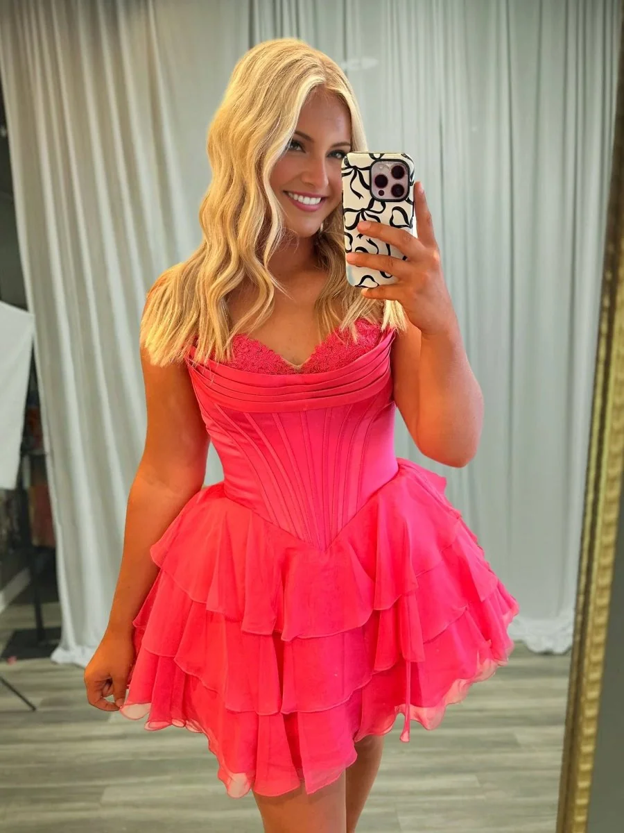 Coral A-Line Sweetheart Corset Ruffle Homecoming Dress - Olyssia