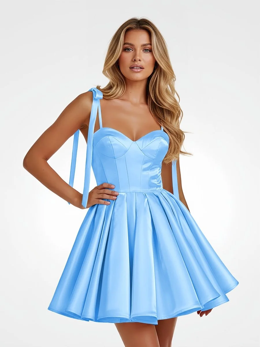 Blue Satin A-Line Homecoming Dress with Spaghetti Straps and Bow Detail