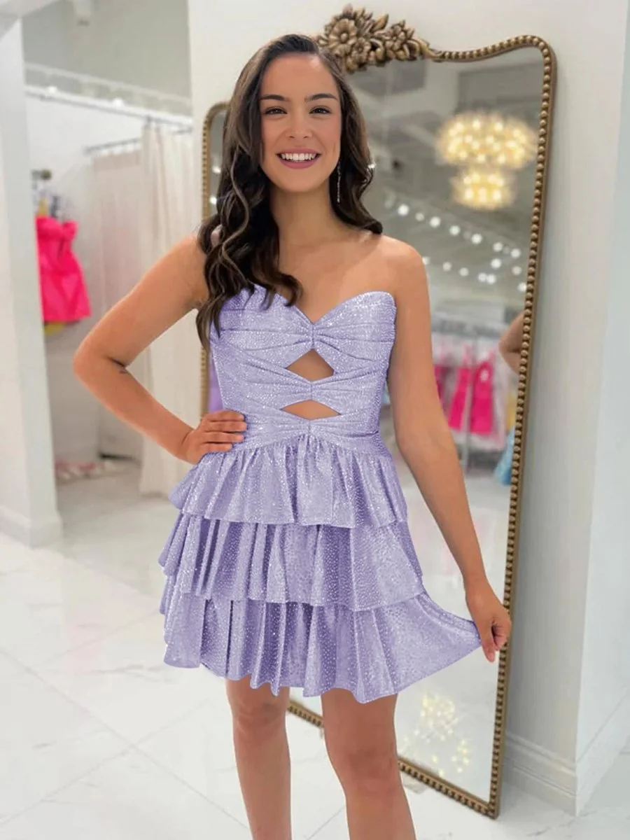 Lavender Sweetheart Satin Ruffled Homecoming Dress with Beads