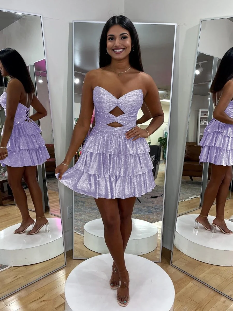 Lavender Sweetheart Satin Ruffled Homecoming Dress with Beads