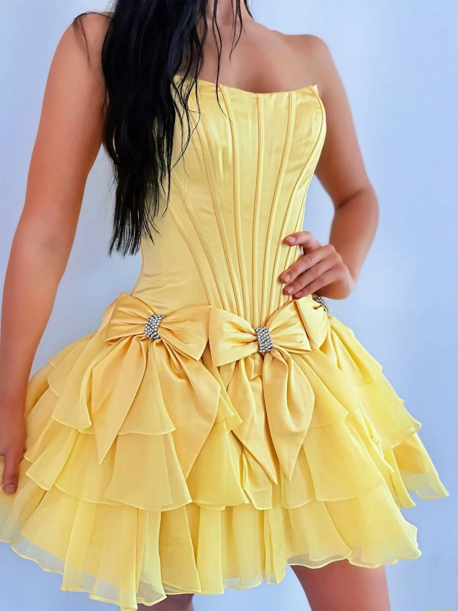 Yellow A-Line Scoop Neck Corset Homecoming Dress with Ruffles & Bows