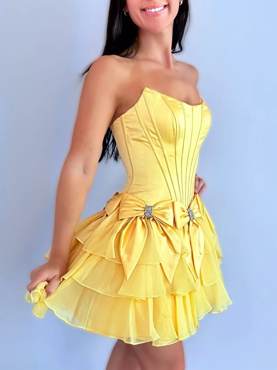 Yellow A-Line Scoop Neck Corset Homecoming Dress with Ruffles & Bows