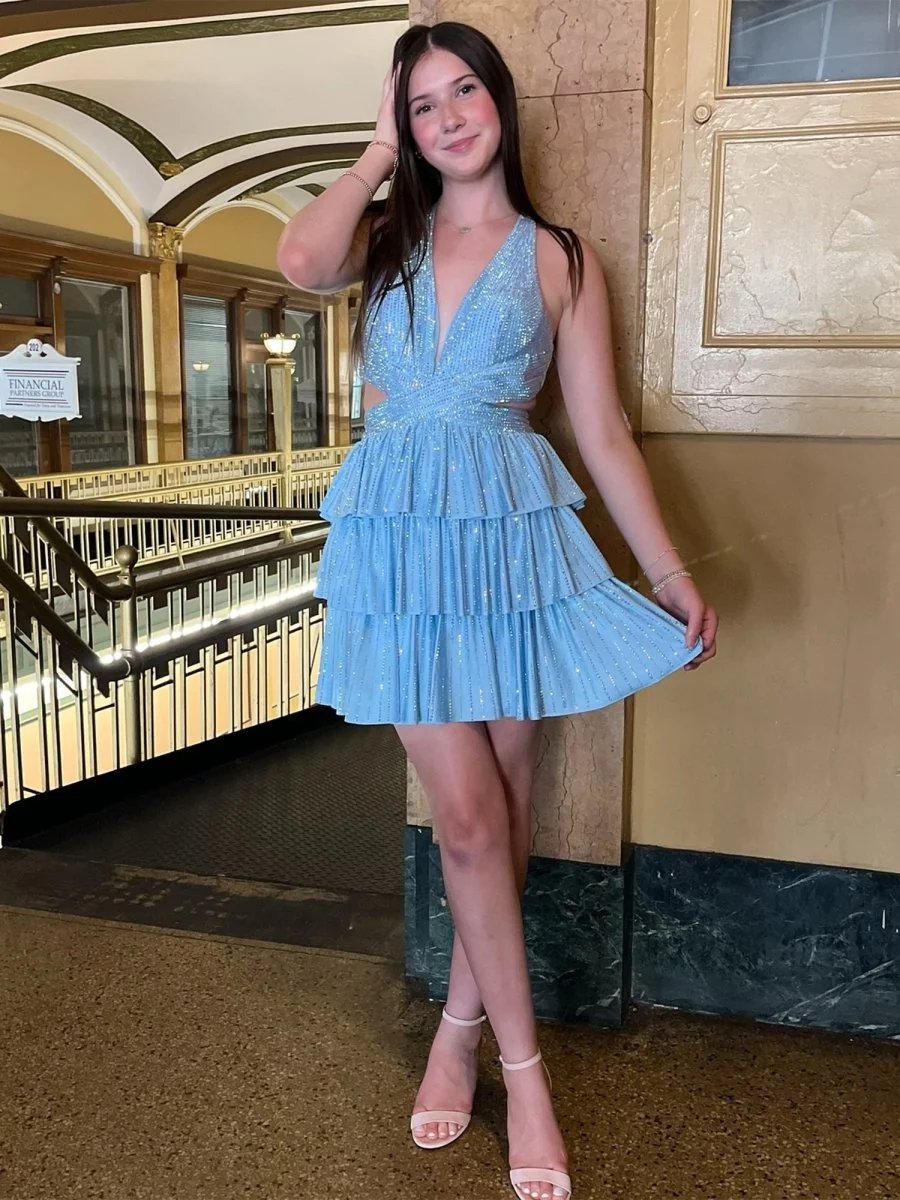 Blue Satin V-Neck A-Line Cutout Homecoming Dress with Beading