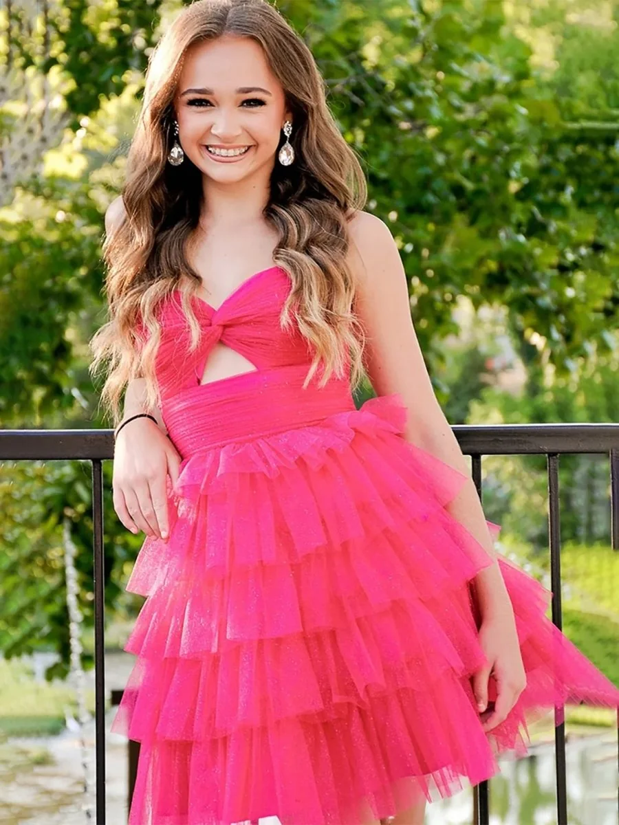 Coral A-Line Ruffle Tiered Tulle Homecoming Dress