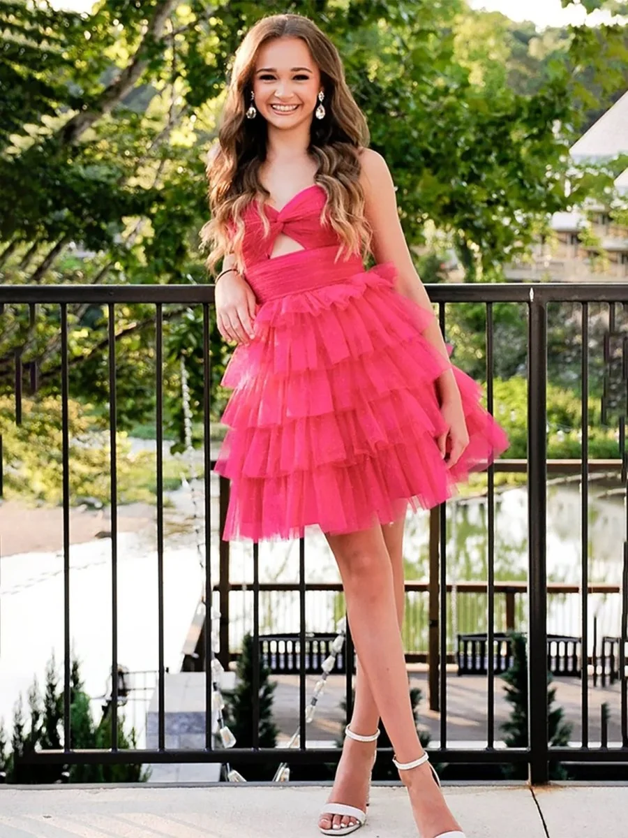 Coral A-Line Ruffle Tiered Tulle Homecoming Dress