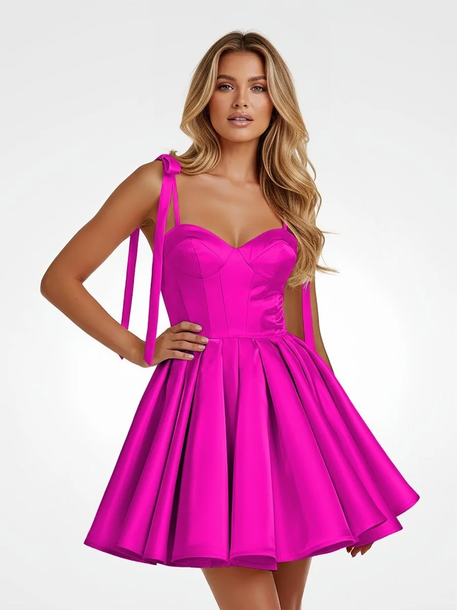 Fuchsia Satin A Line Homecoming Dress with Bow Detail