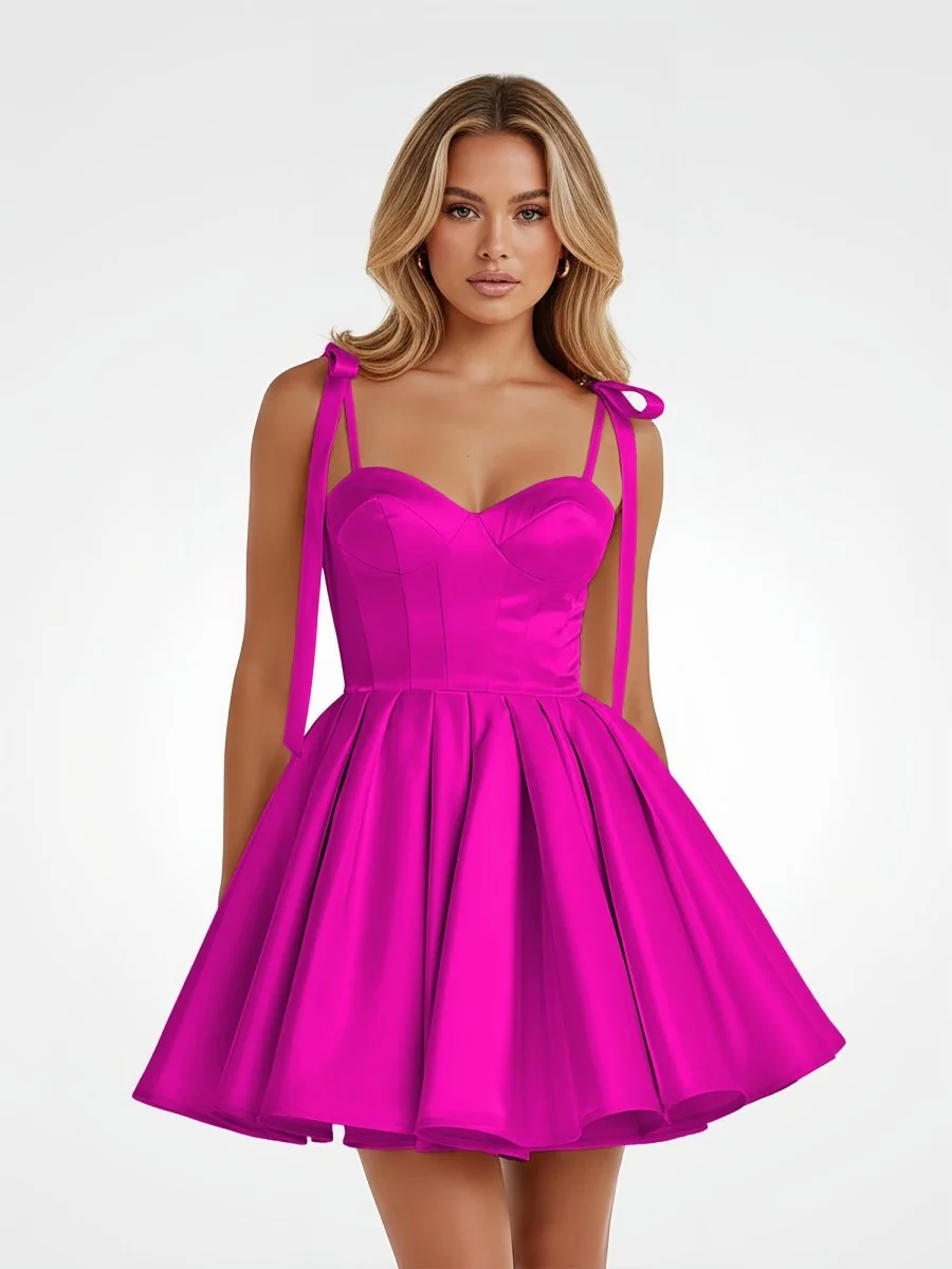 Fuchsia Satin A Line Homecoming Dress with Bow Detail