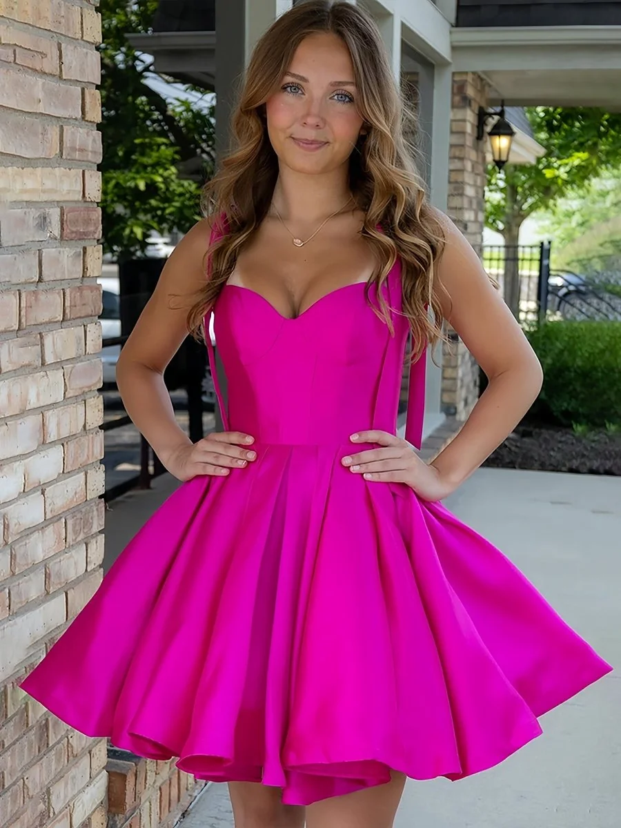 Fuchsia Satin A Line Homecoming Dress with Bow Detail