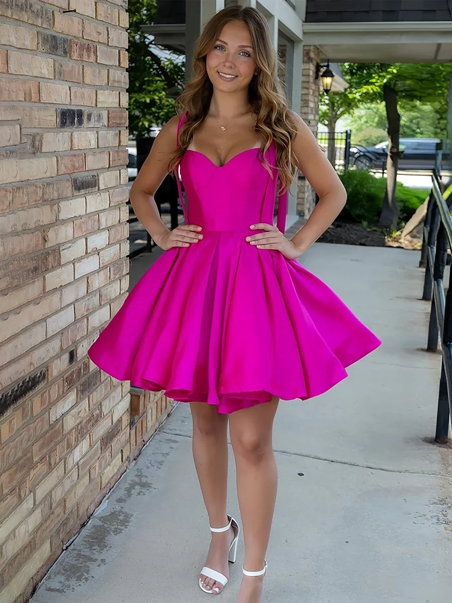 Fuchsia Satin A Line Homecoming Dress with Bow Detail