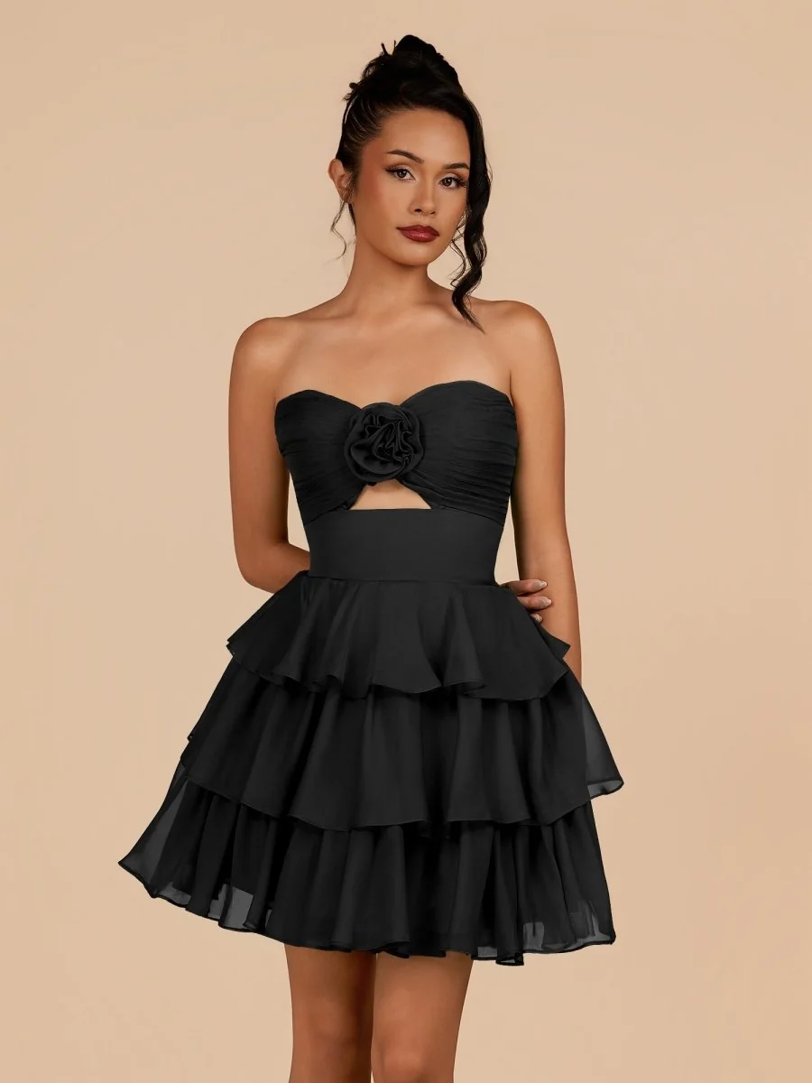 Strapless A-Line Chiffon Ruffles Homecoming Dress with Floral Embellishments