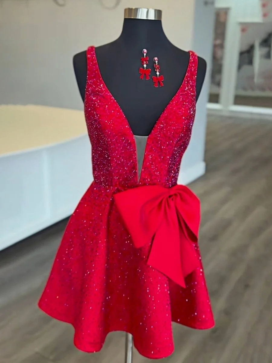 Red V-Neck A-Line Satin Beaded Homecoming Dress with Bow