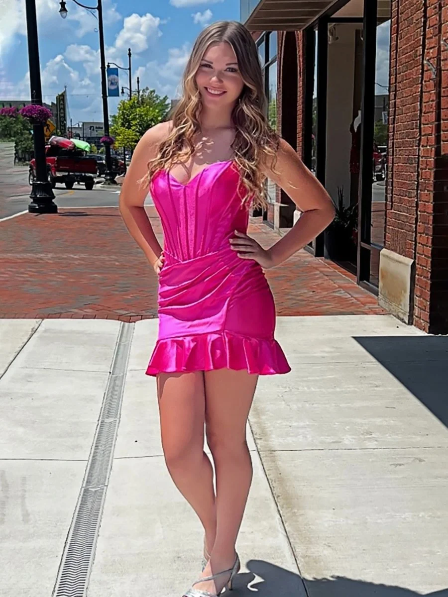 Fuchsia Satin Pleated Strapless Bodycon Homecoming Dress with Ruffles