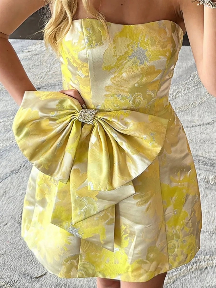 Floral Print Strapless Yellow A-Line Homecoming Dress with Bow