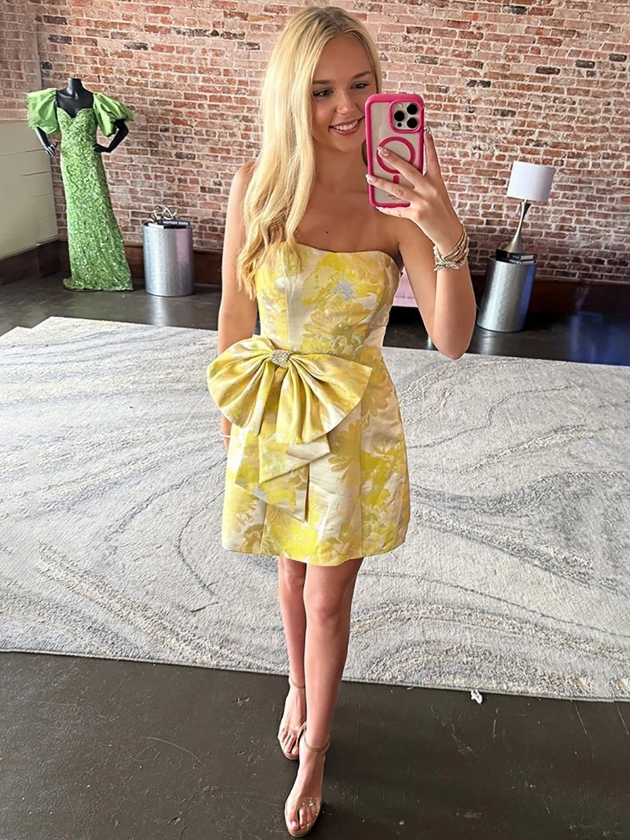 Floral Print Strapless Yellow A-Line Homecoming Dress with Bow