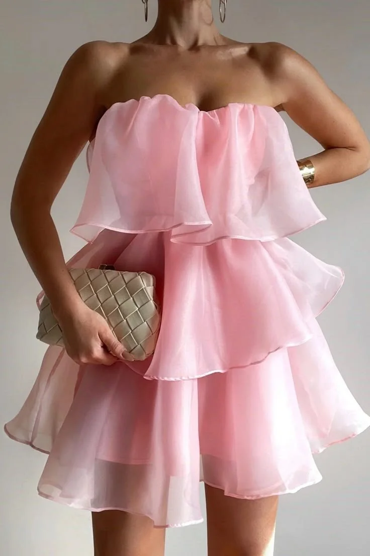 Pink Chiffon Ruffles A Line Strapless Homecoming Dress