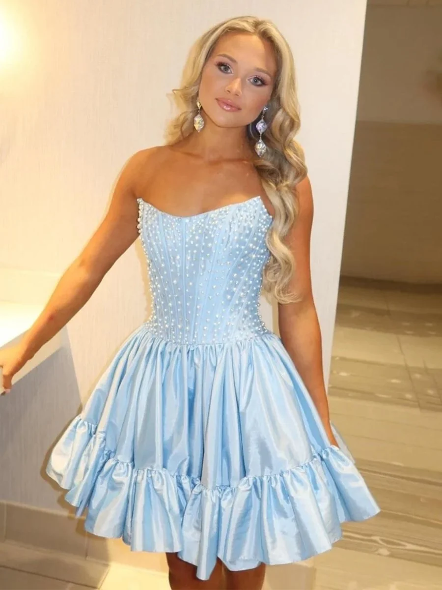 Sky Blue Strapless Satin A-Line Party Dress with Ruffles & Pearls