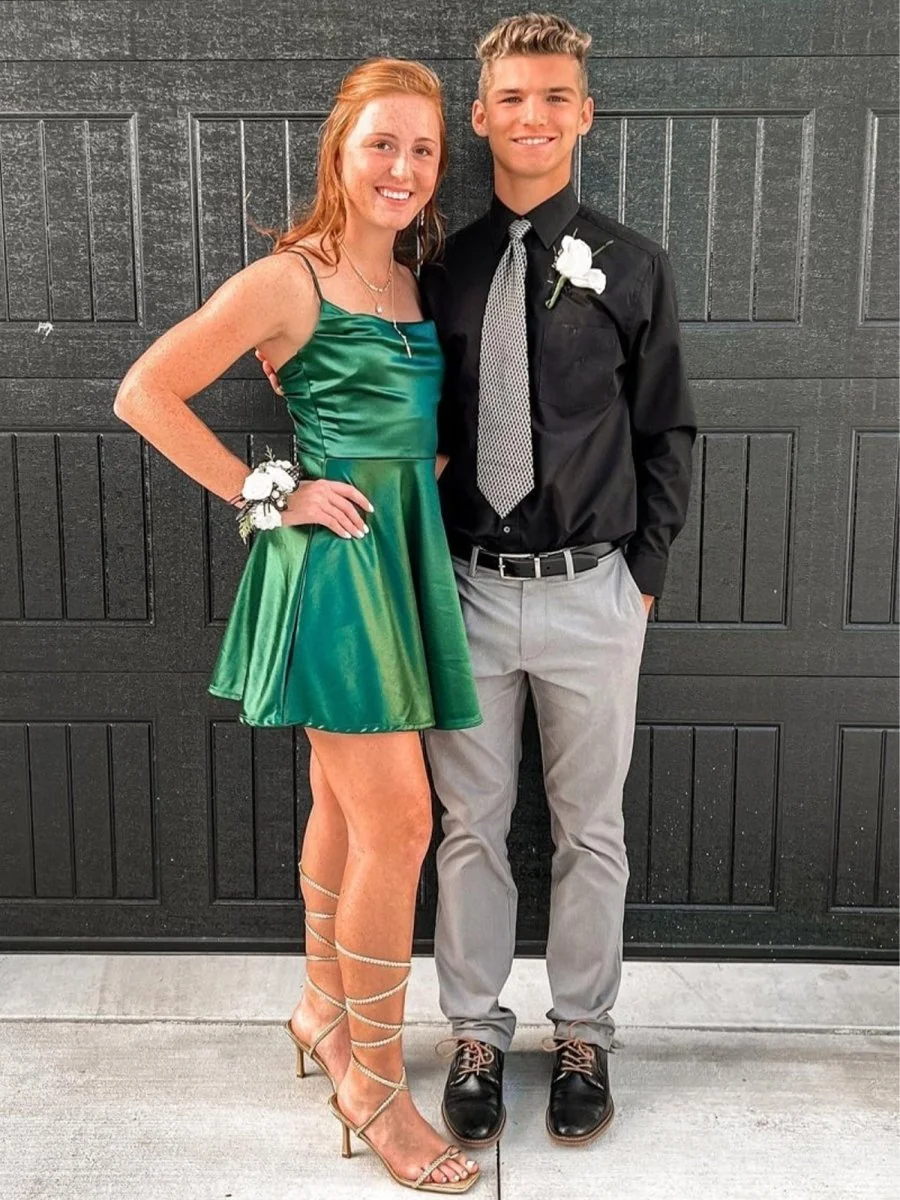 Emerald Satin A-Line Short Dress - Elegant Homecoming Attire