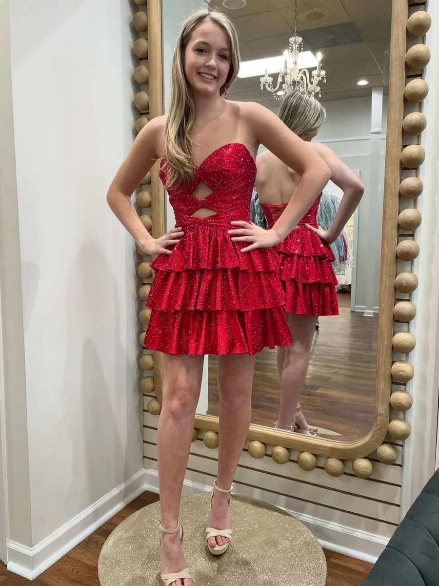 Red Sweetheart Satin A-Line Ruffled Homecoming Dress with Beads