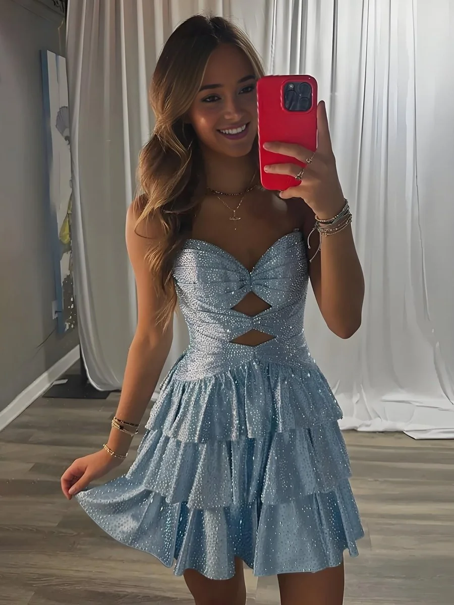 Sky Blue Satin A-Line Sweetheart Homecoming Dress with Cut-Outs & Ruffles