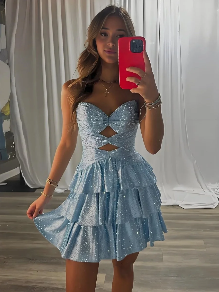 Sky Blue Satin A-Line Sweetheart Homecoming Dress with Cut-Outs & Ruffles
