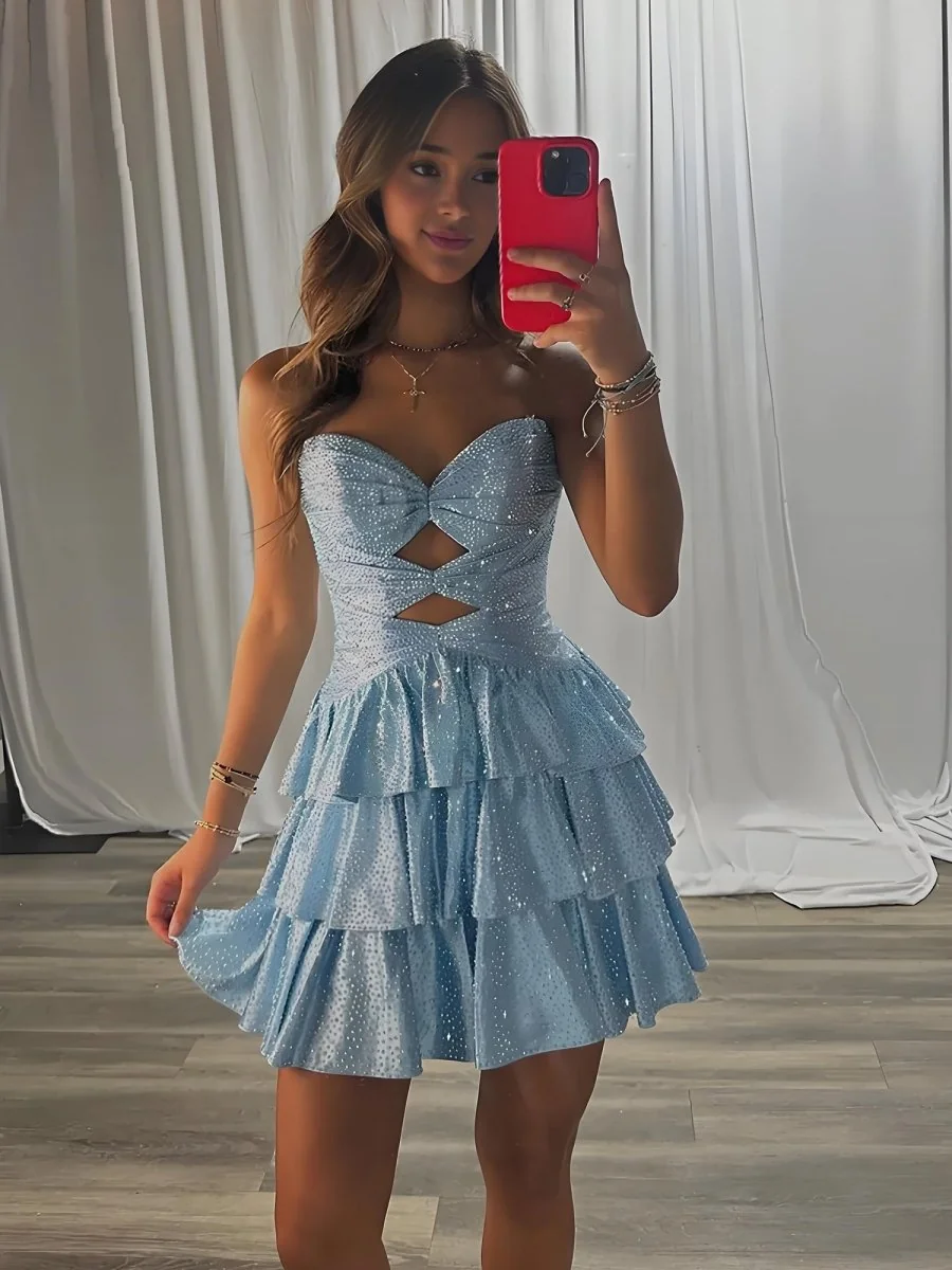 Sky Blue Satin A-Line Sweetheart Homecoming Dress with Cut-Outs & Ruffles
