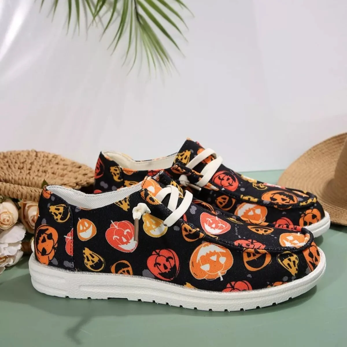 Orange Pumpkin Print Canvas Sneakers