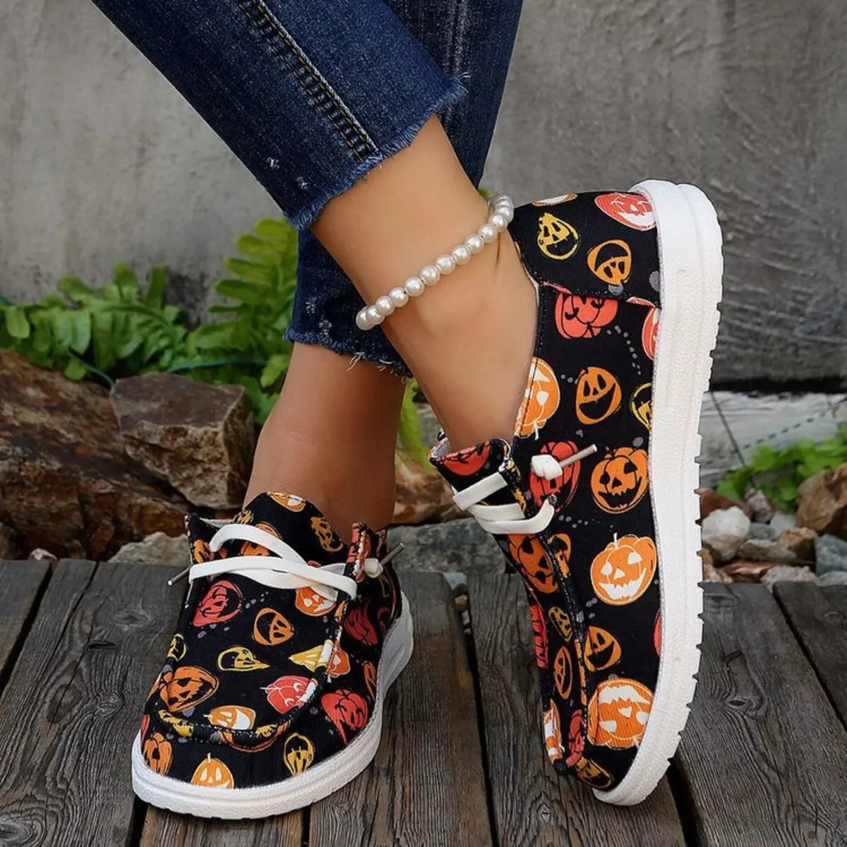 Orange Pumpkin Print Canvas Sneakers