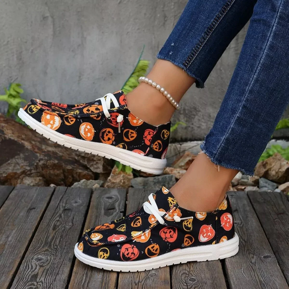 Orange Pumpkin Print Canvas Sneakers