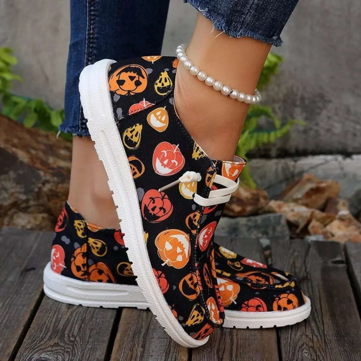 Orange Pumpkin Print Canvas Sneakers
