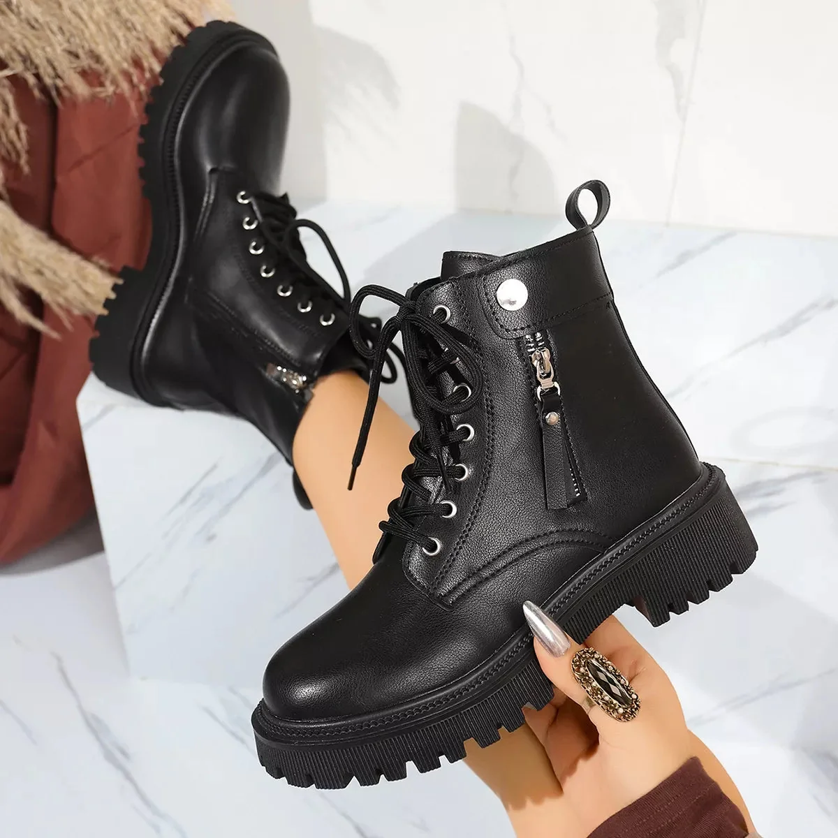 Black Mid-Heel Boots - Womens Casual Block Heel Shoes