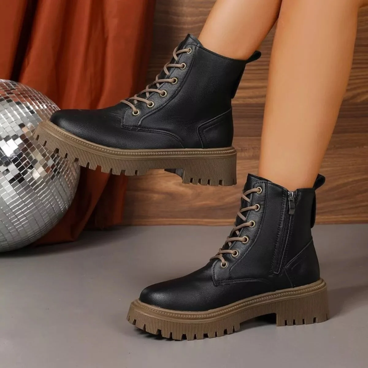 Mid Heel Lace-Up Boots in Beige and Black