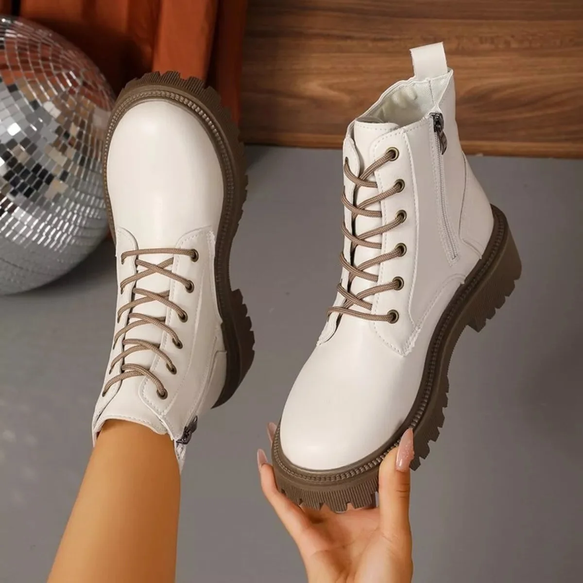 Mid Heel Lace-Up Boots in Beige and Black