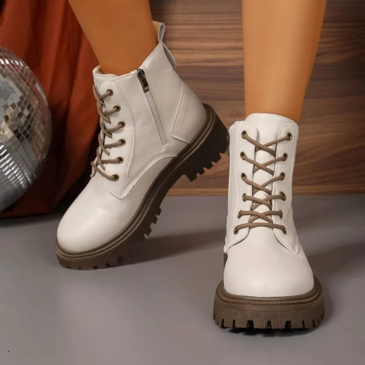 Mid Heel Lace-Up Boots in Beige and Black