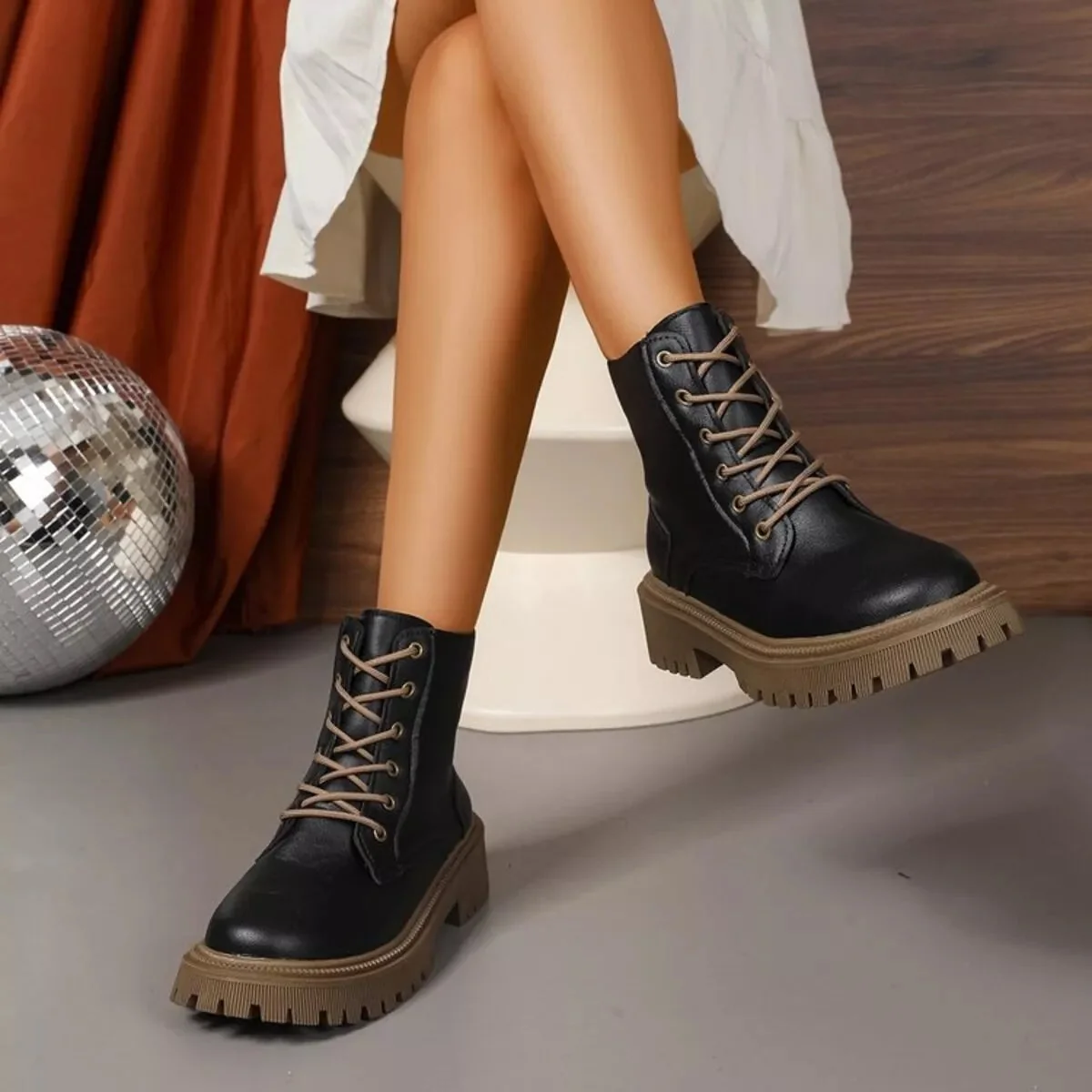 Mid Heel Lace-Up Boots in Beige and Black