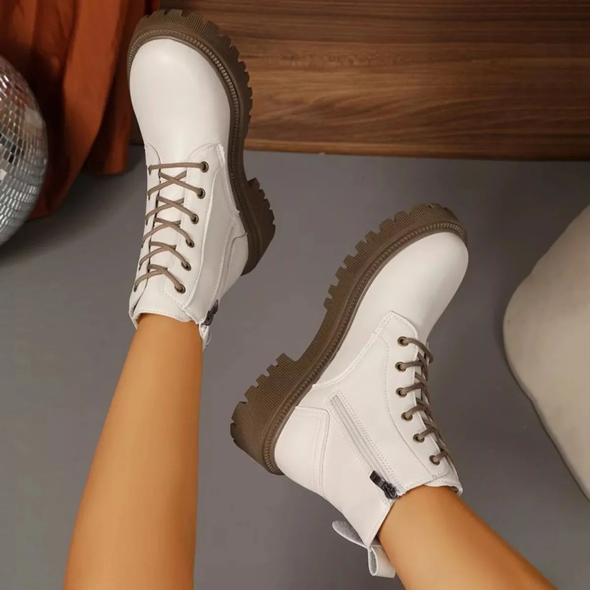 Mid Heel Lace-Up Boots in Beige and Black