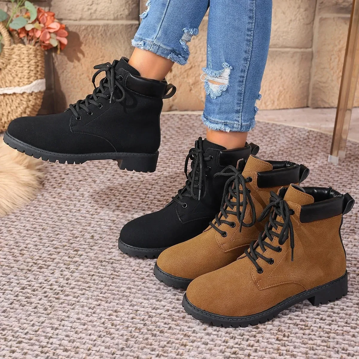 Womens Lace Up Block Heel Ankle Boots - Stylish and Comfortable