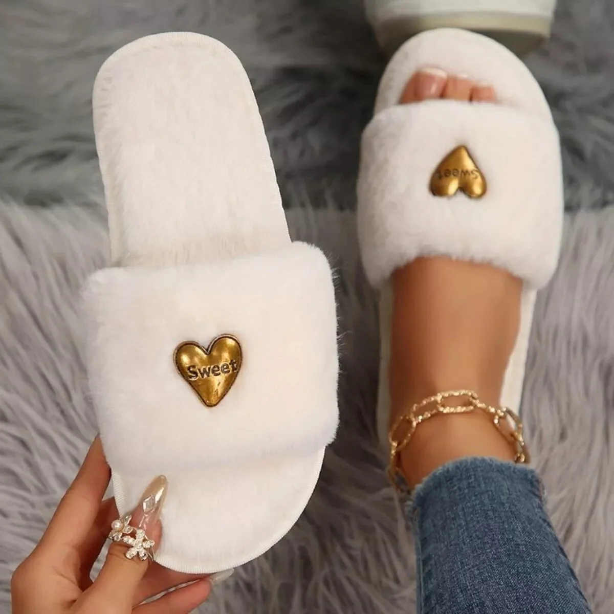 Fluffy Open Toe Slippers for Women